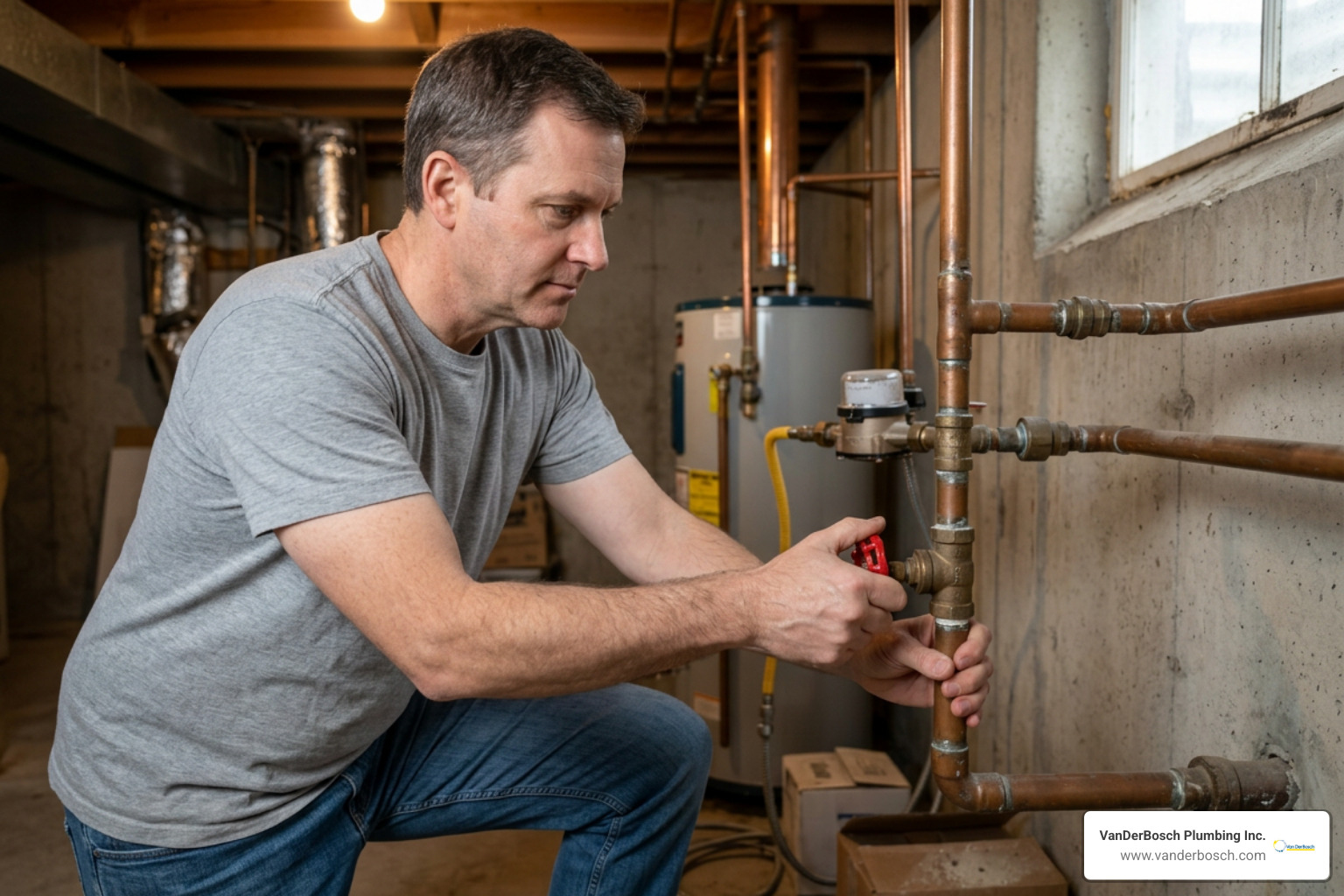 homeowner turning off main water shut-off valve homeowner turning off main water shut-off valve