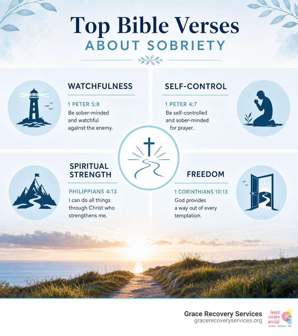 Infographic showing top Bible verses about sobriety with themes: watchfulness, self-control, spiritual strength, freedom Infographic showing top Bible verses about sobriety with themes: watchfulness, self-control, spiritual strength, freedom