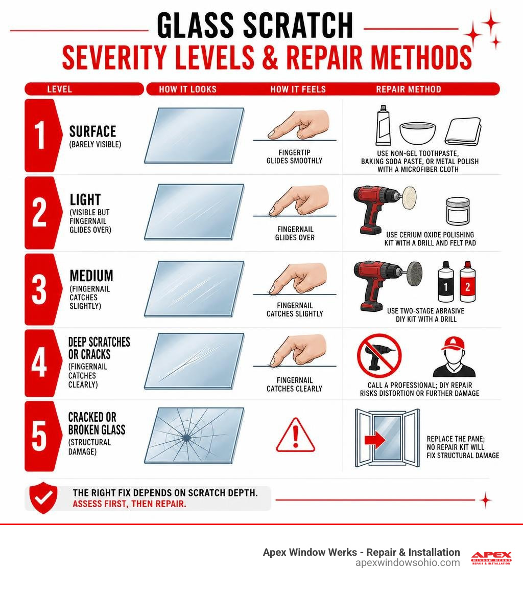 Glass scratch severity levels and repair methods infographic infographic