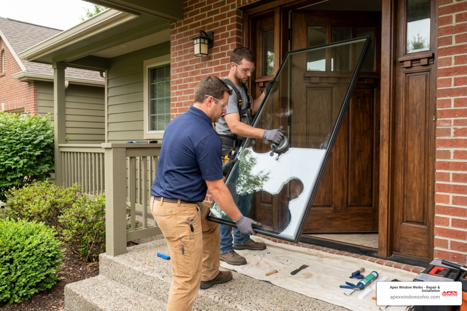 Professional glaziers installing a custom insulated glass unit in a wood entry door