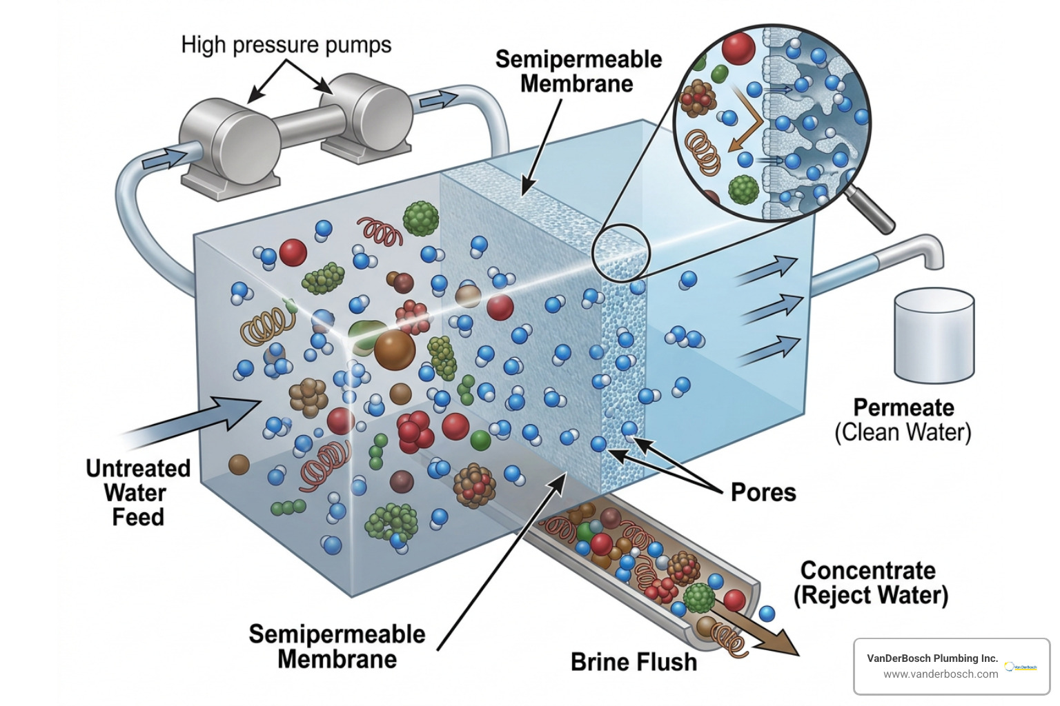 Diagram showing how water molecules pass through a semipermeable reverse osmosis membrane while larger contaminants are