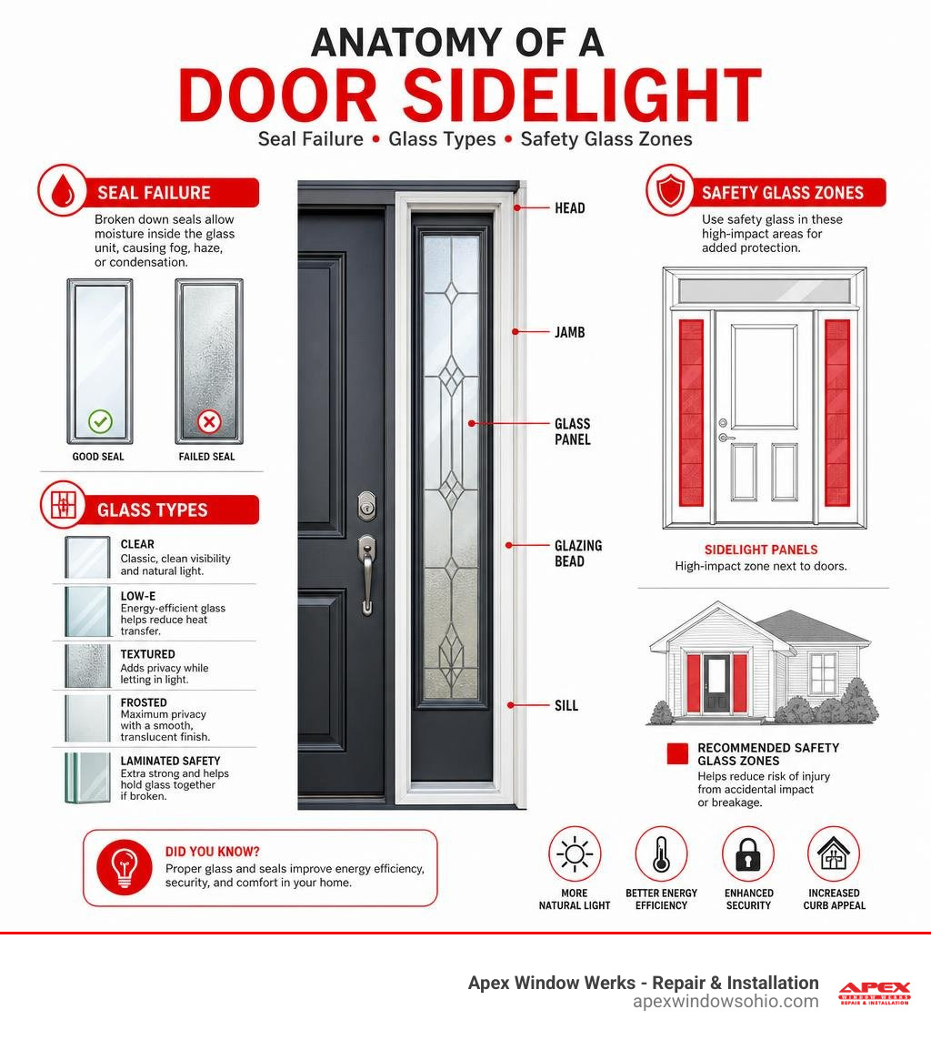 Anatomy of a door sidelight infographic showing seal failure, glass types, and safety glass zones infographic