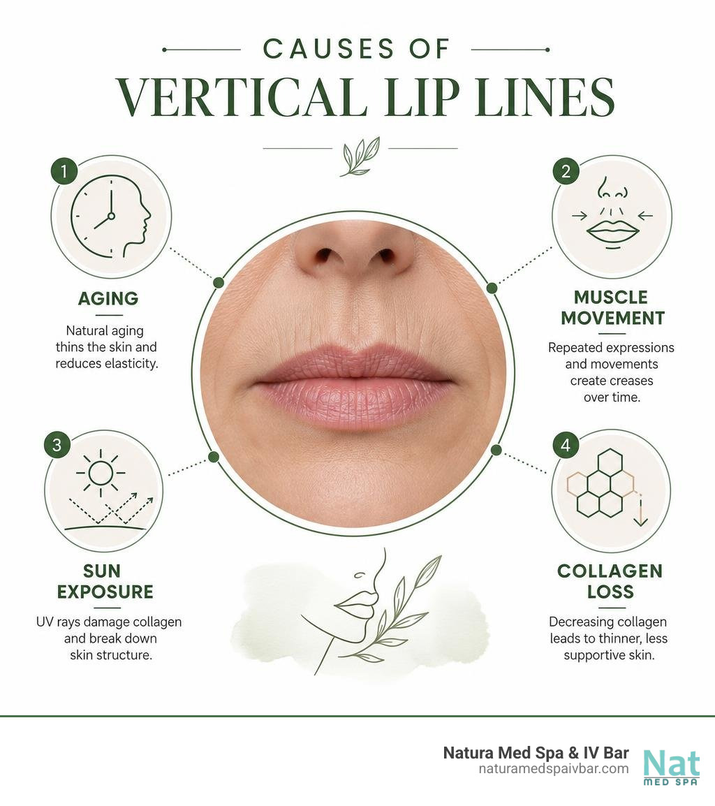 Causes of vertical lip lines: aging, muscle movement, sun exposure, and collagen loss infographic Causes of vertical lip lines: aging, muscle movement, sun exposure, and collagen loss infographic