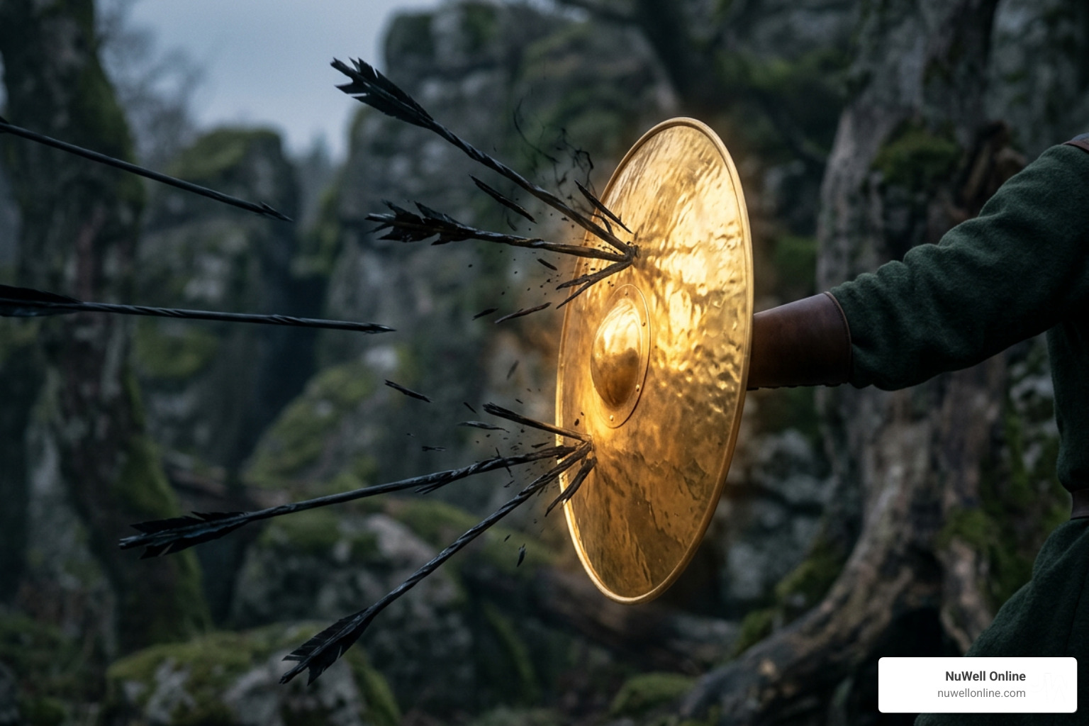 A radiant shield blocking dark, deceptive arrows