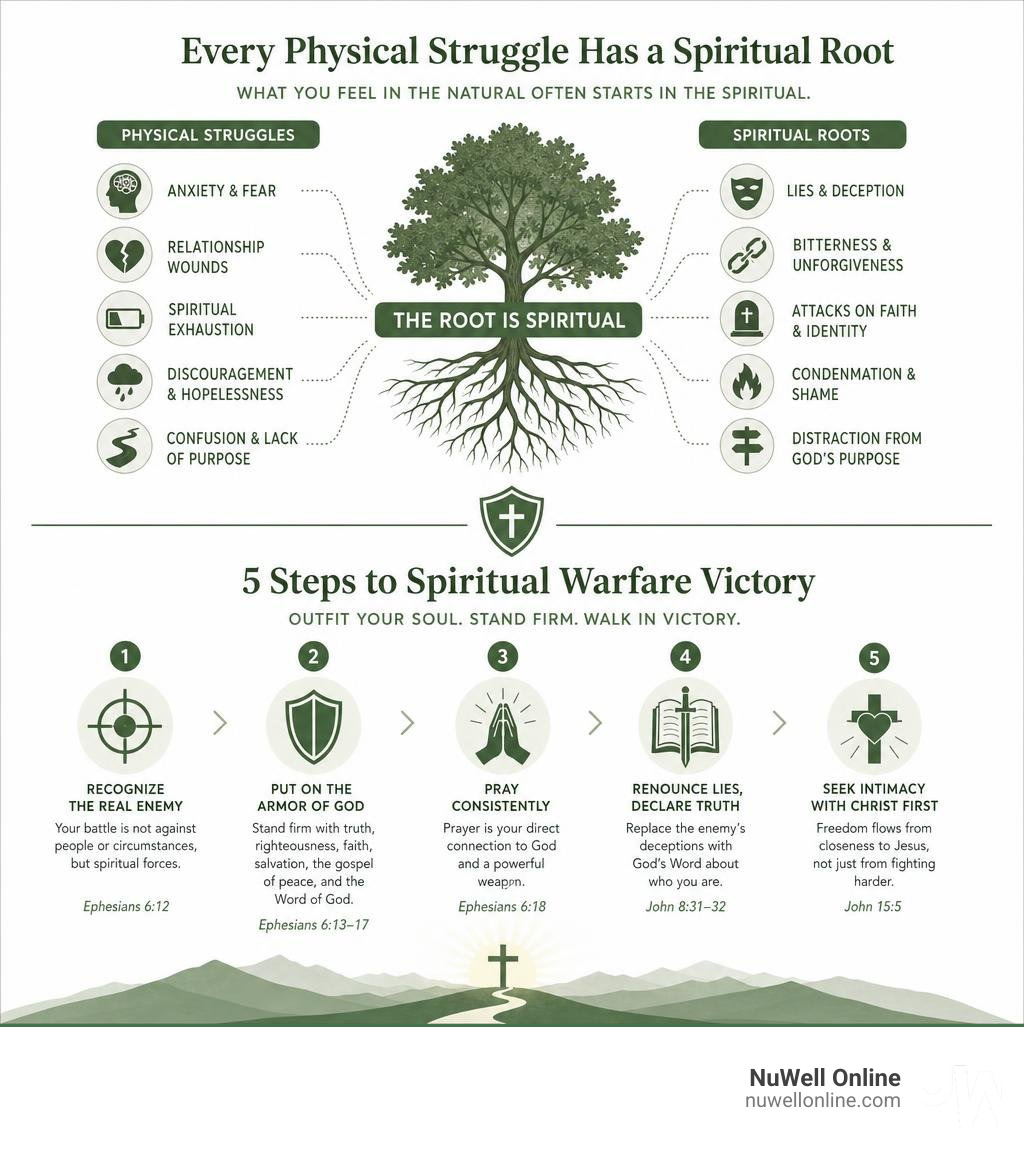 Infographic showing how physical struggles connect to spiritual roots and the 5 steps to spiritual warfare victory