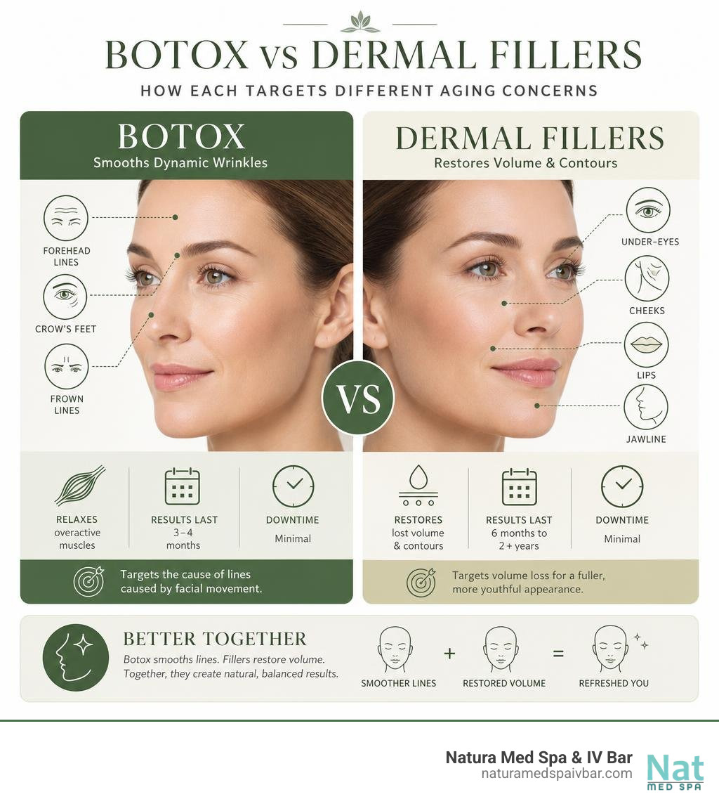 Botox vs dermal fillers comparison infographic showing how each targets different aging concerns infographic Botox vs dermal fillers comparison infographic showing how each targets different aging concerns infographic