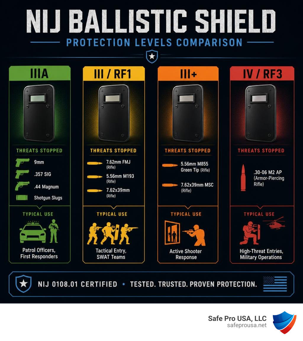 Ballistic shield NIJ protection levels comparison infographic from IIIA to Level IV infographic Ballistic shield NIJ protection levels comparison infographic from IIIA to Level IV infographic