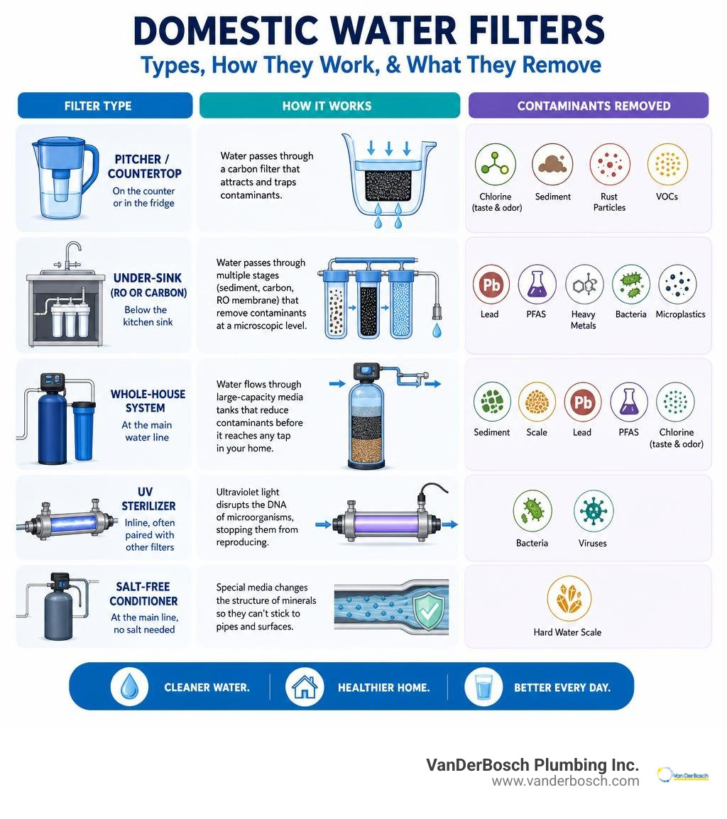 Types of domestic water filters, how they work, and what contaminants each removes infographic