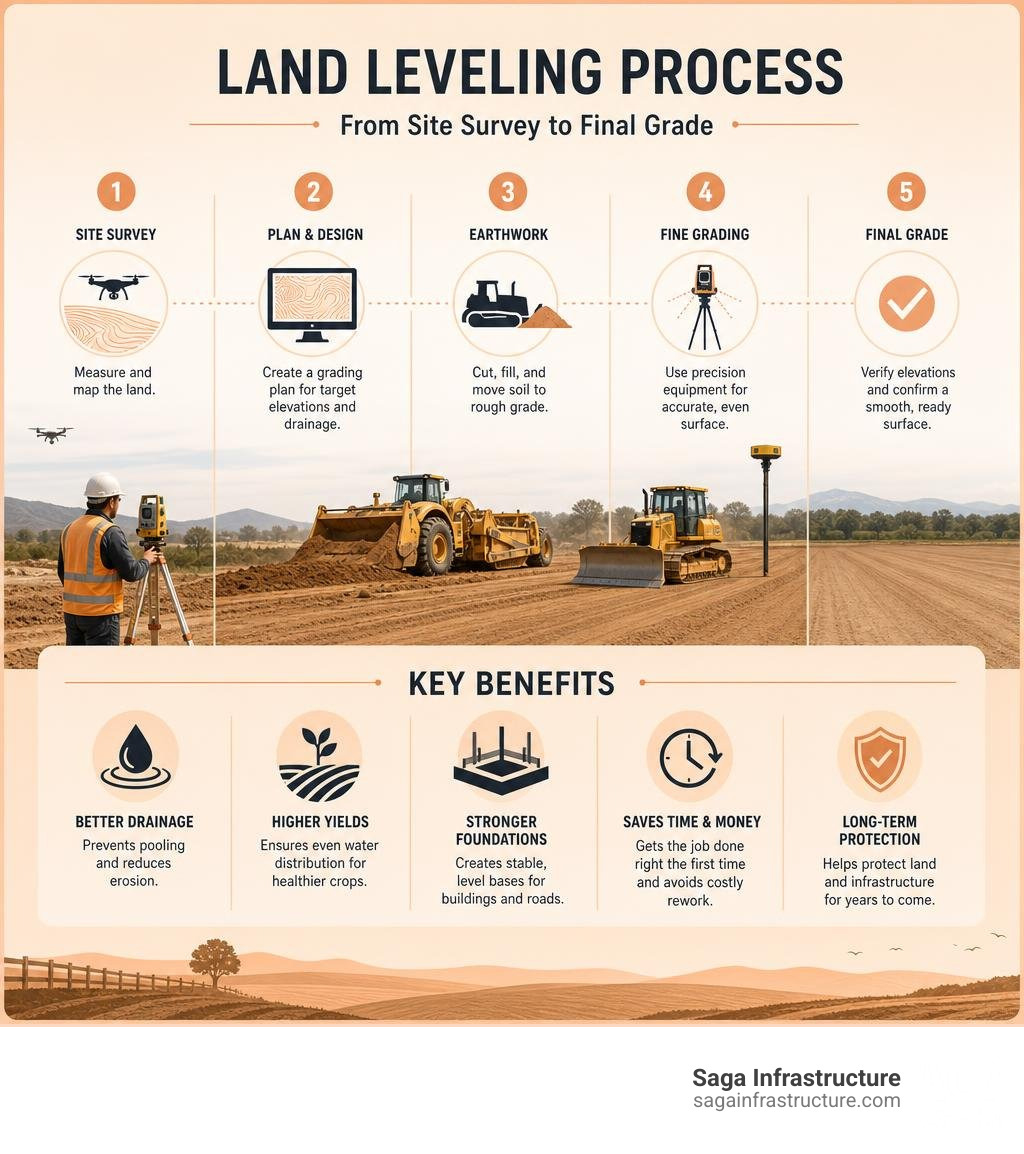Infographic showing the land leveling process from site survey to final grade with key benefits infographic