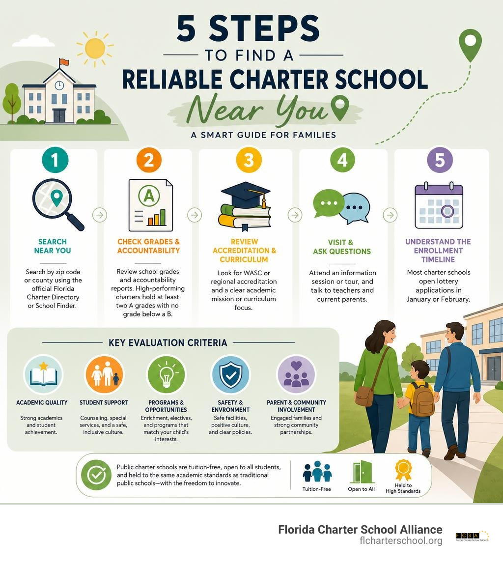 Infographic showing steps to find a reliable charter school near you with key evaluation criteria infographic Infographic showing steps to find a reliable charter school near you with key evaluation criteria infographic