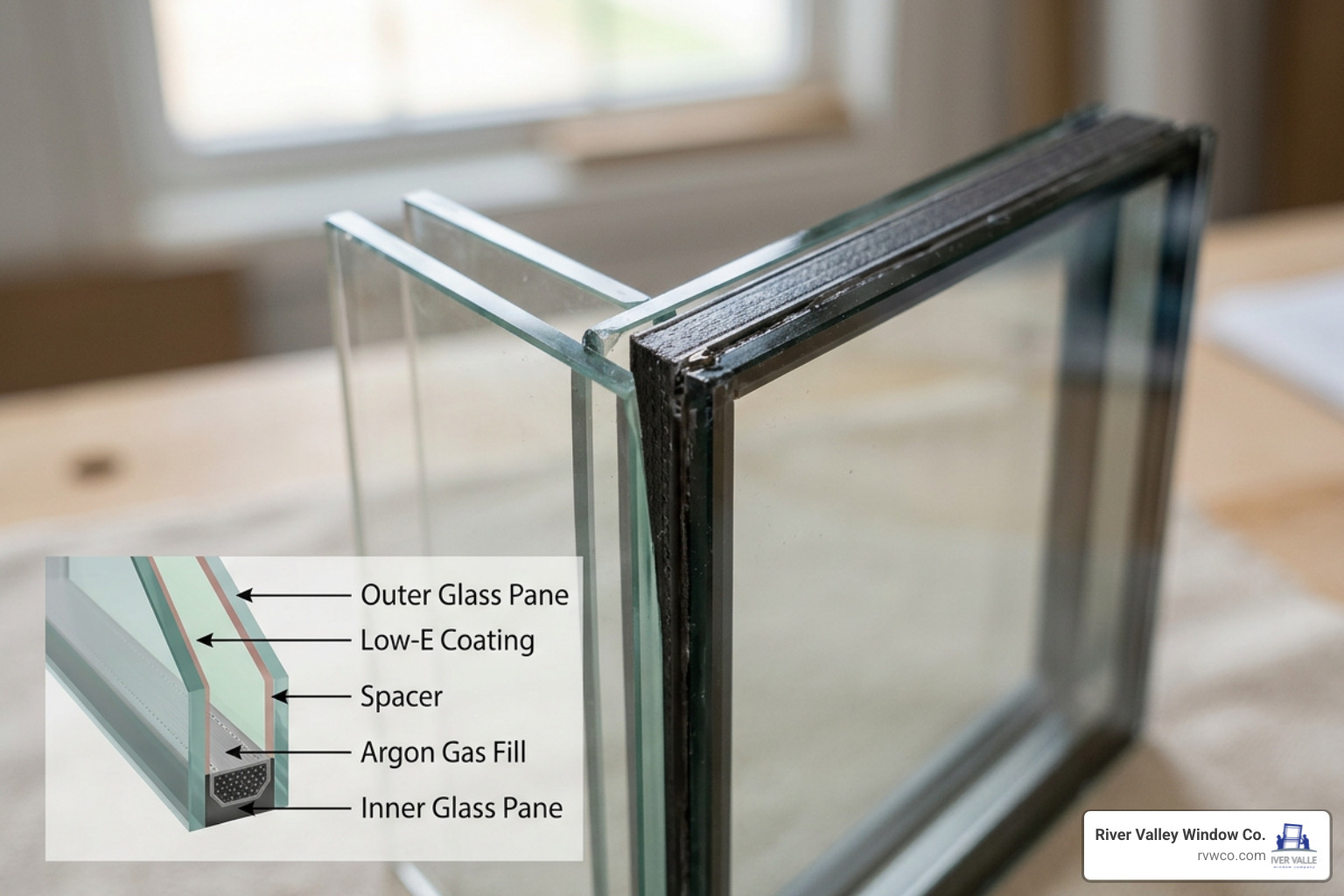 Energy efficient window glass with Low-E coating and argon gas fill Energy efficient window glass with Low-E coating and argon gas fill