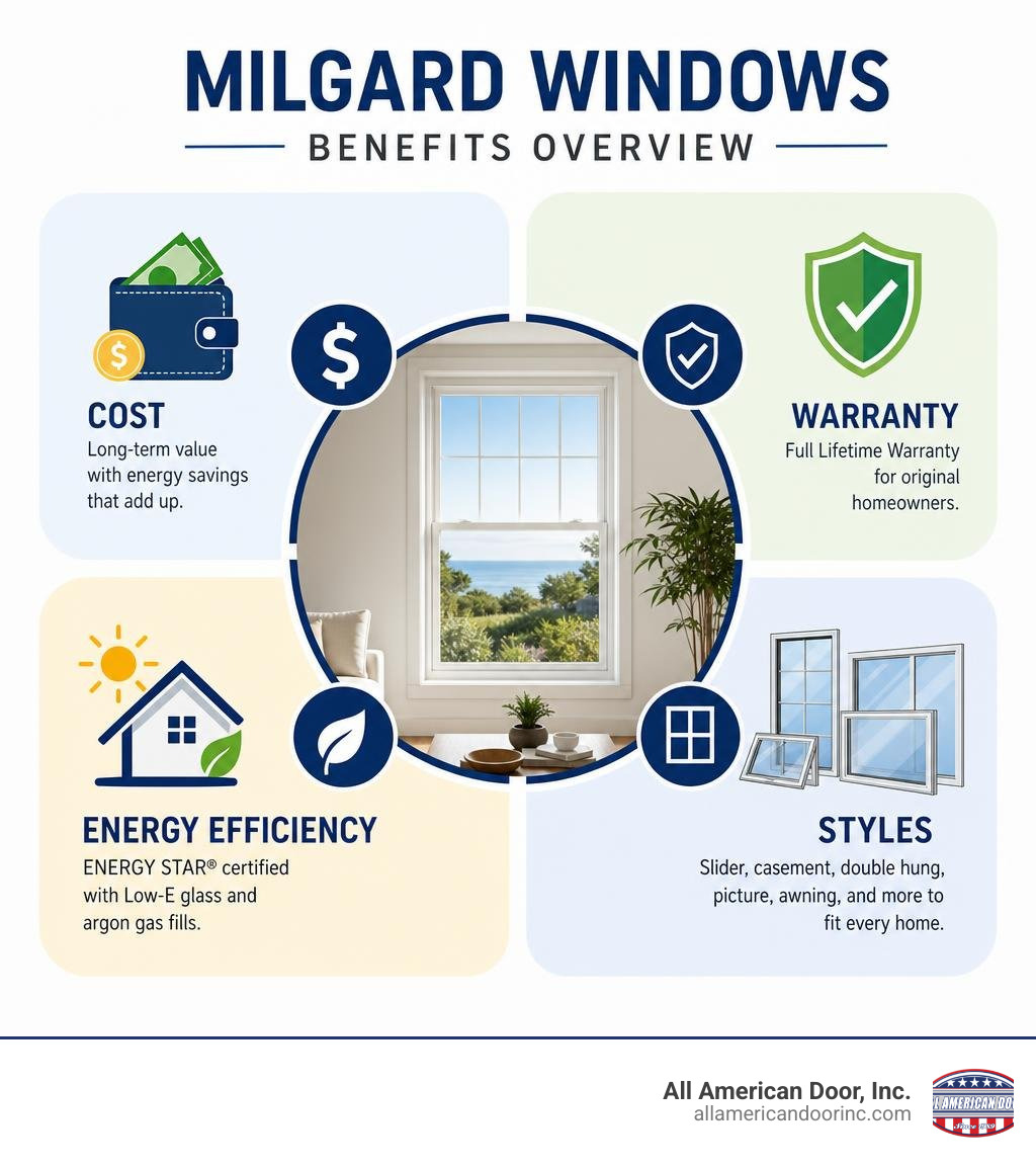Milgard windows benefits overview infographic with cost, warranty, energy efficiency, and styles infographic Milgard windows benefits overview infographic with cost, warranty, energy efficiency, and styles infographic