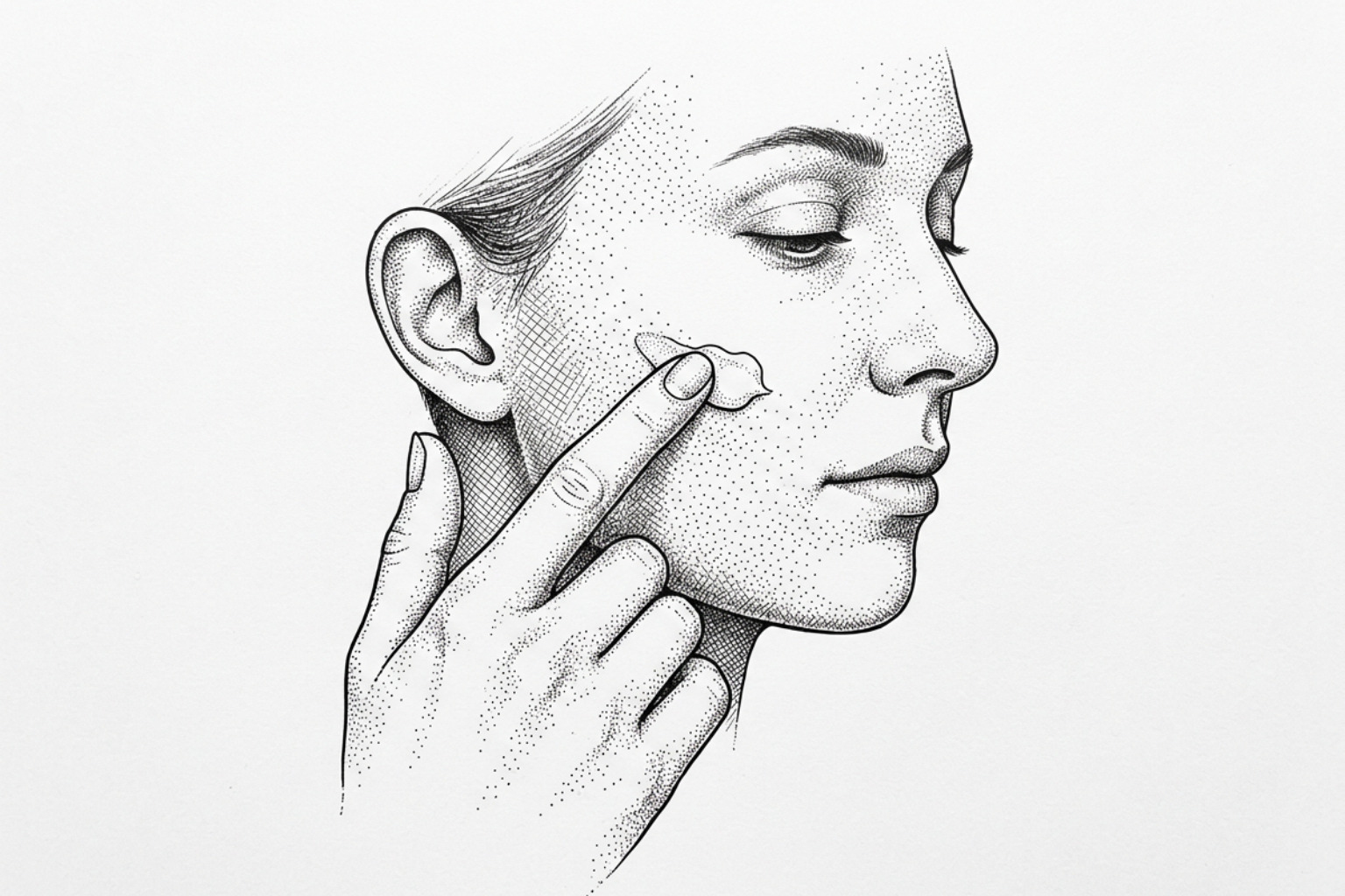 Stippled illustration of a hand applying a topical formulation to the face Stippled illustration of a hand applying a topical formulation to the face