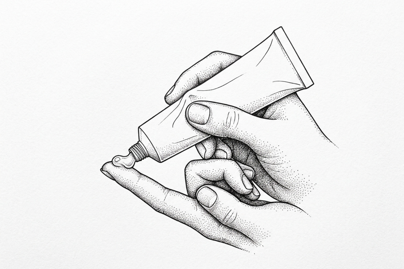 Stippled illustration of a tube of topical gel being squeezed onto a fingertip Stippled illustration of a tube of topical gel being squeezed onto a fingertip