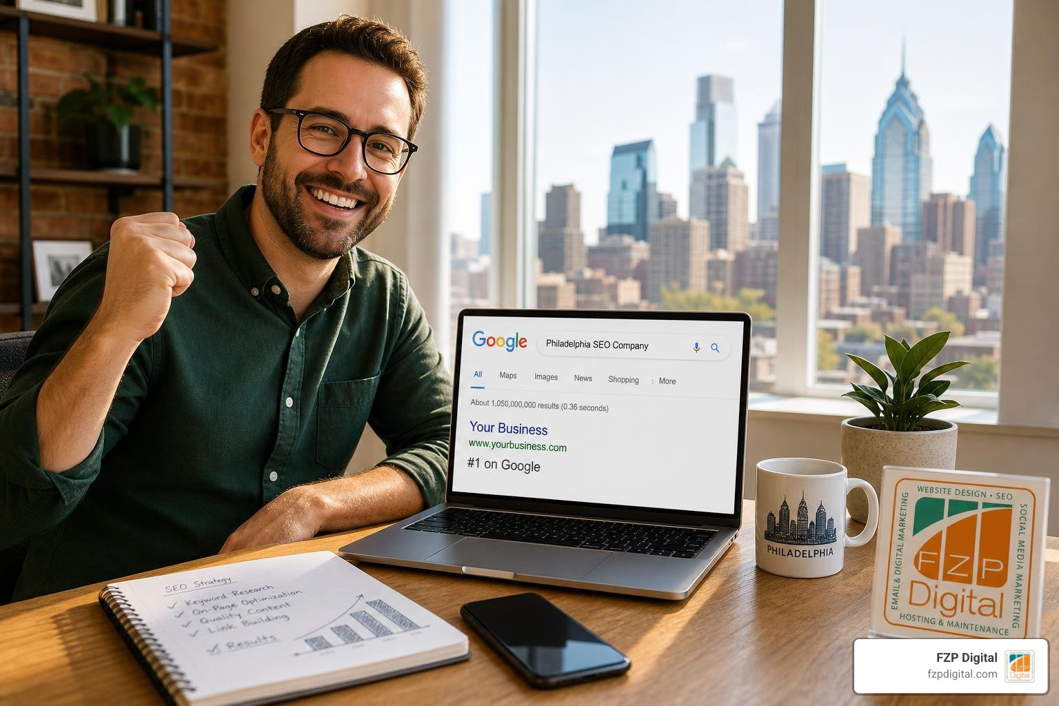 A small business owner in Philadelphia celebrating high search engine rankings on their computer A small business owner in Philadelphia celebrating high search engine rankings on their computer