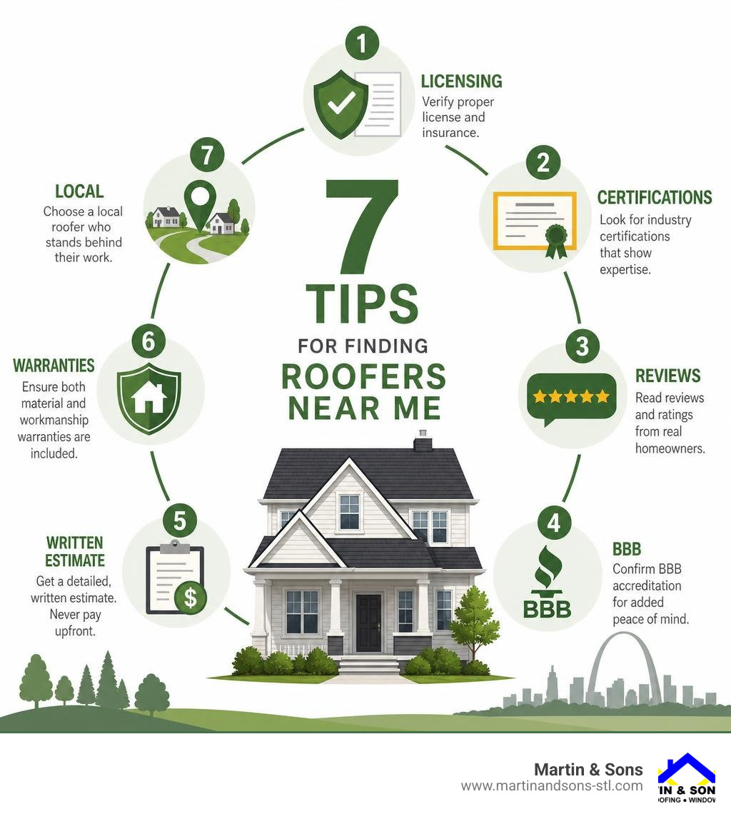 7 tips for finding roofers near me: licensing, certifications, reviews, BBB, written estimate, warranties, local infographic 7 tips for finding roofers near me: licensing, certifications, reviews, BBB, written estimate, warranties, local infographic