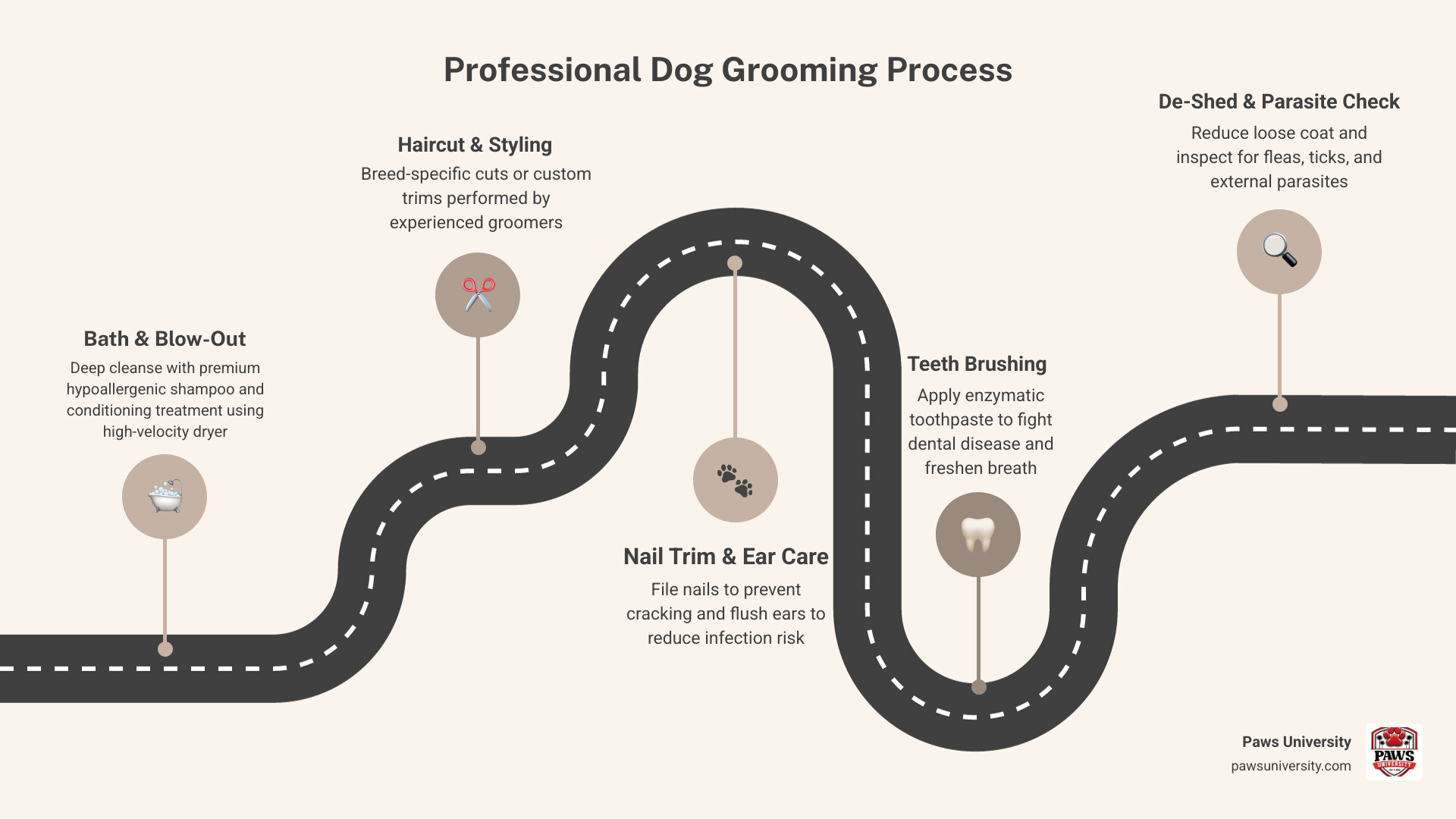 Step-by-step professional dog grooming process from bath to finishing touches infographic Step-by-step professional dog grooming process from bath to finishing touches infographic