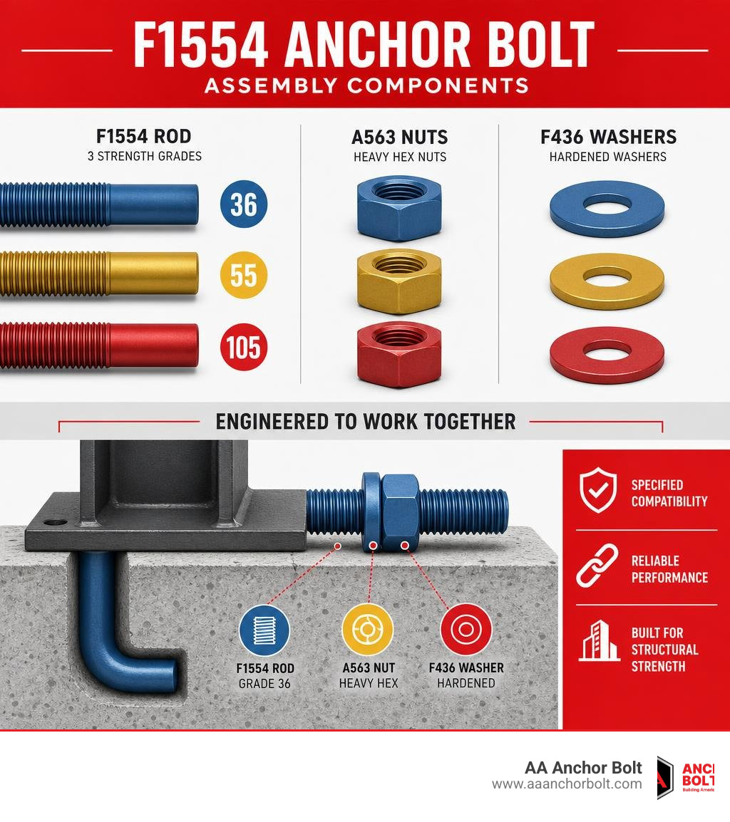 Infographic showing F1554 anchor bolt assembly components: rod grades 36/55/105, A563 nuts, F436 washers, and color coding