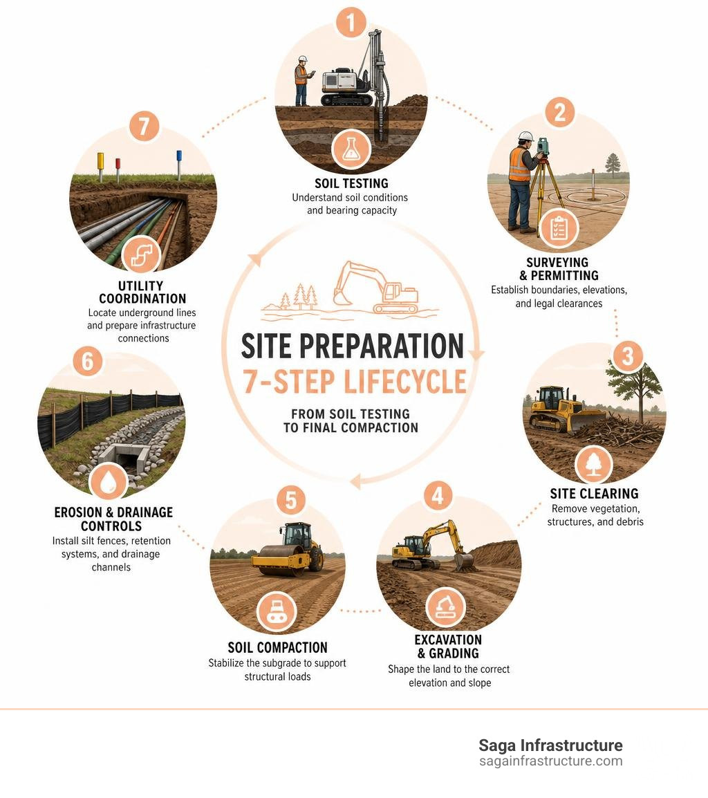 Site preparation lifecycle infographic showing 7 steps from soil testing to final compaction infographic Site preparation lifecycle infographic showing 7 steps from soil testing to final compaction infographic