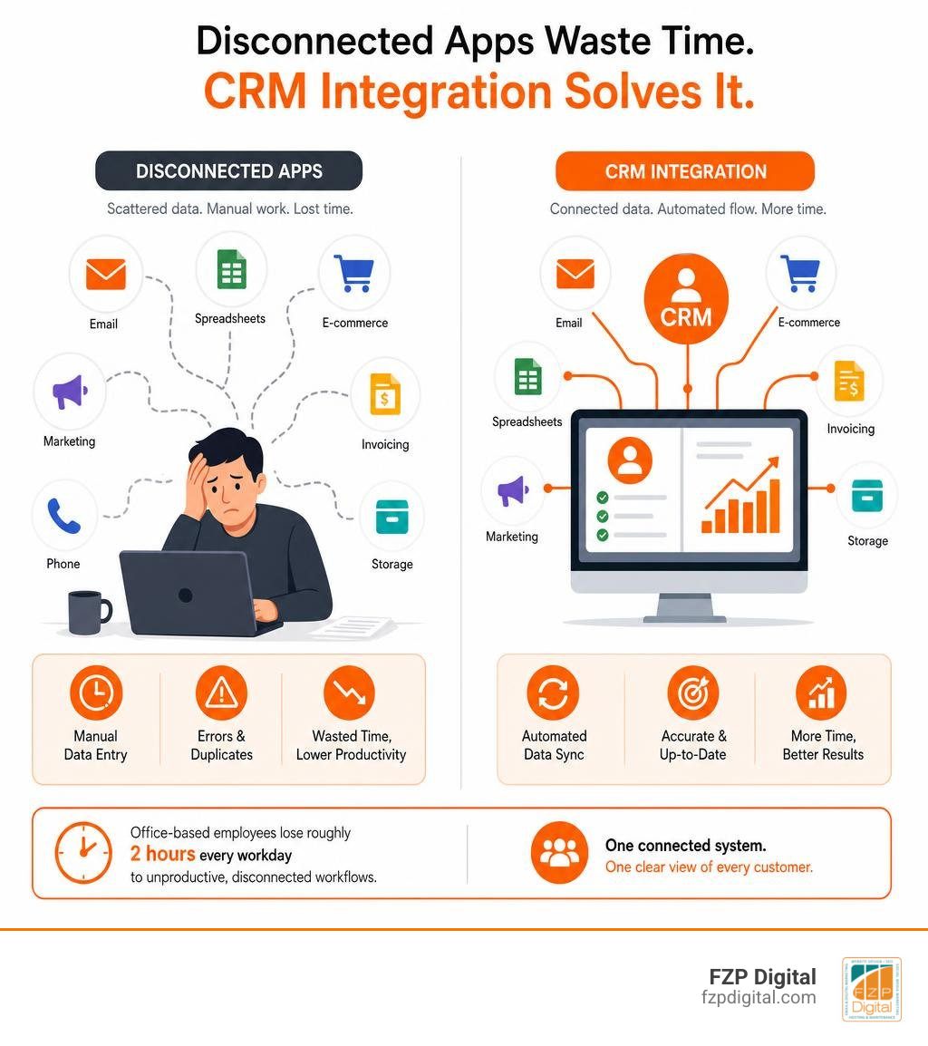 Infographic showing how disconnected apps waste time and how CRM integration solves it infographic Infographic showing how disconnected apps waste time and how CRM integration solves it infographic