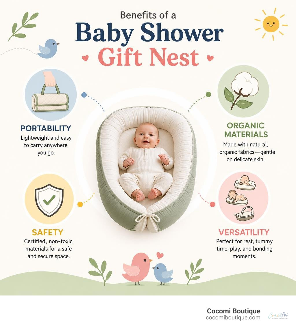Benefits of a baby shower gift nest infographic showing portability, organic materials, safety, and versatility infographic Benefits of a baby shower gift nest infographic showing portability, organic materials, safety, and versatility infographic
