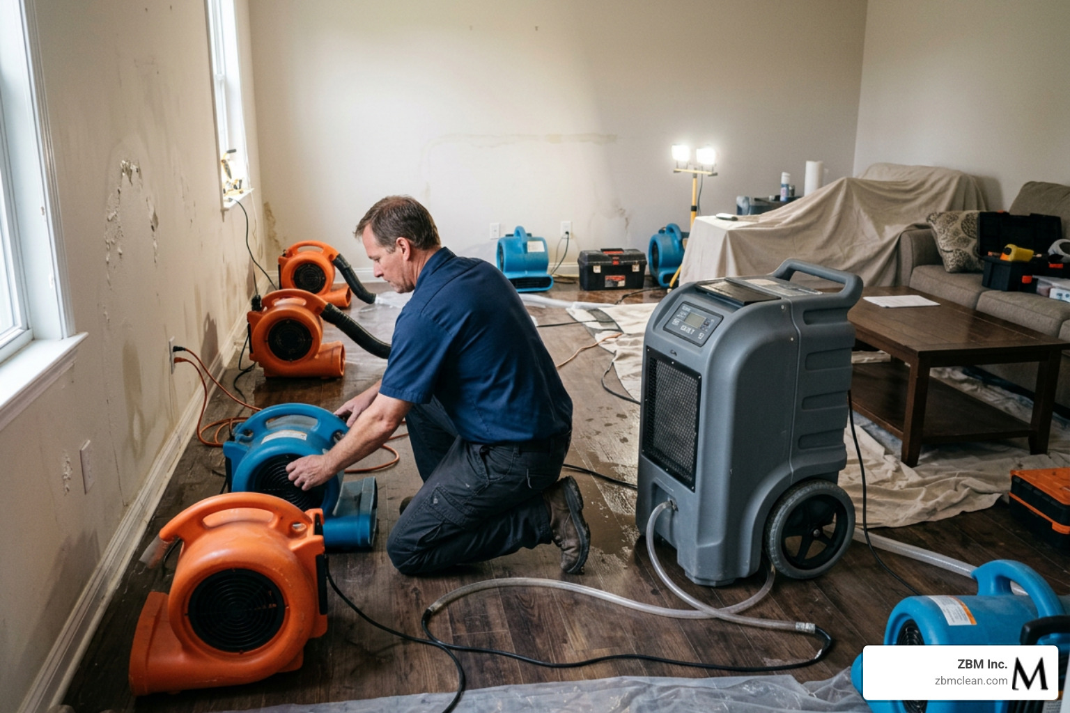 Drying process showing commercial air movers and dehumidifiers stabilizing water damage Drying process showing commercial air movers and dehumidifiers stabilizing water damage