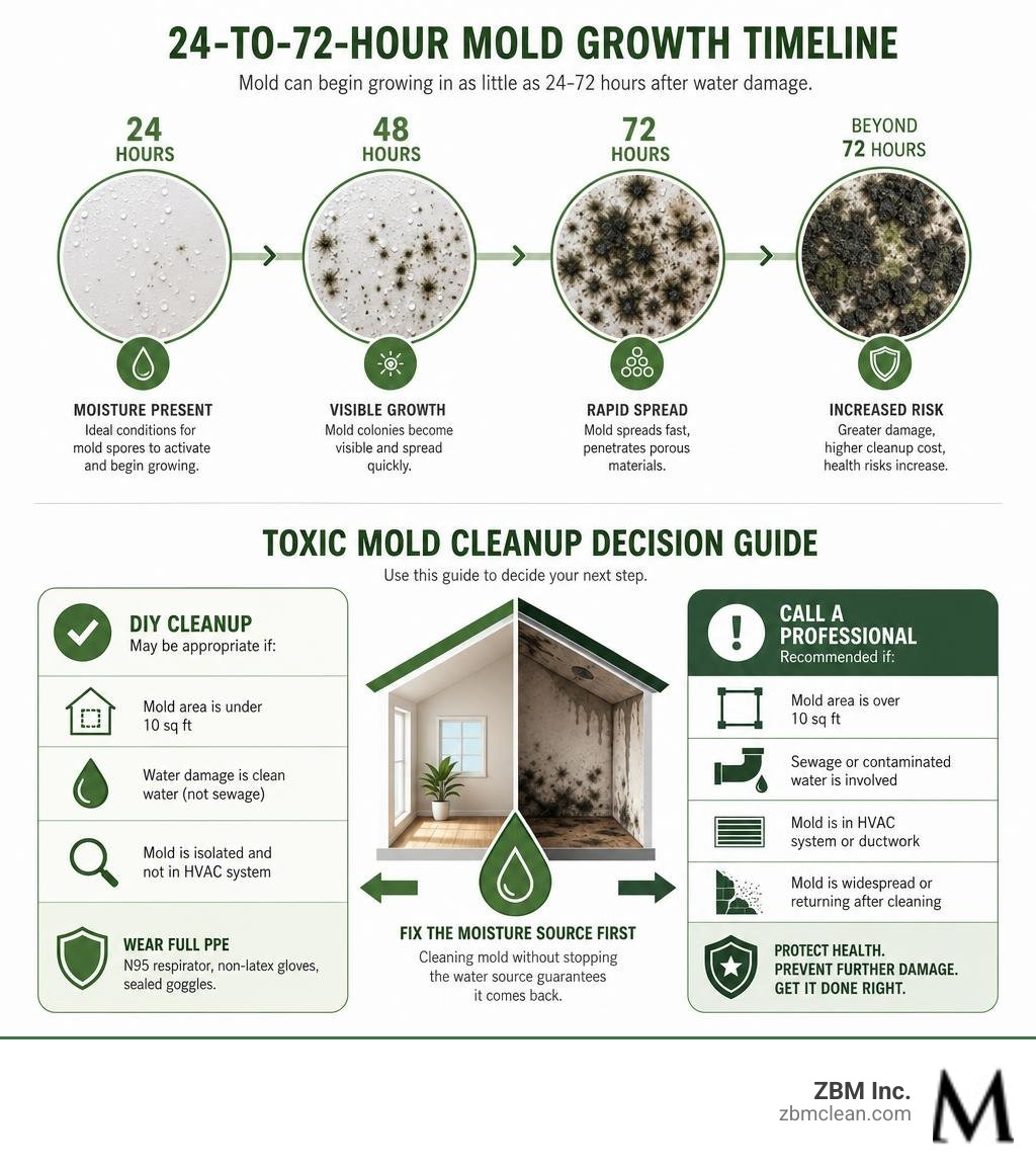 24-to-72-hour mold growth timeline and toxic mold cleanup decision guide infographic