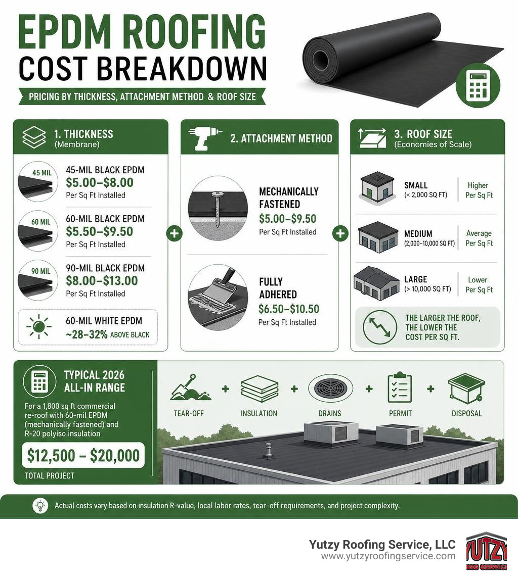 EPDM roofing cost breakdown infographic with pricing by thickness, attachment method, and roof size infographic EPDM roofing cost breakdown infographic with pricing by thickness, attachment method, and roof size infographic