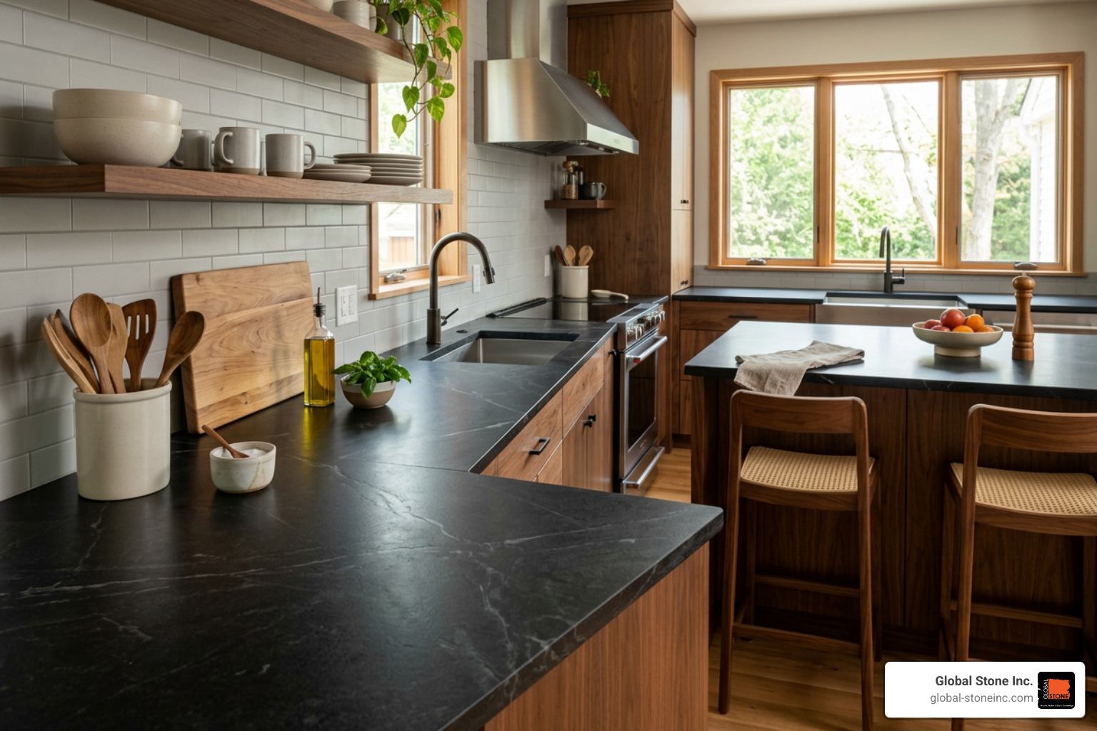 Deep black honed soapstone countertop in a modern kitchen with natural wood elements