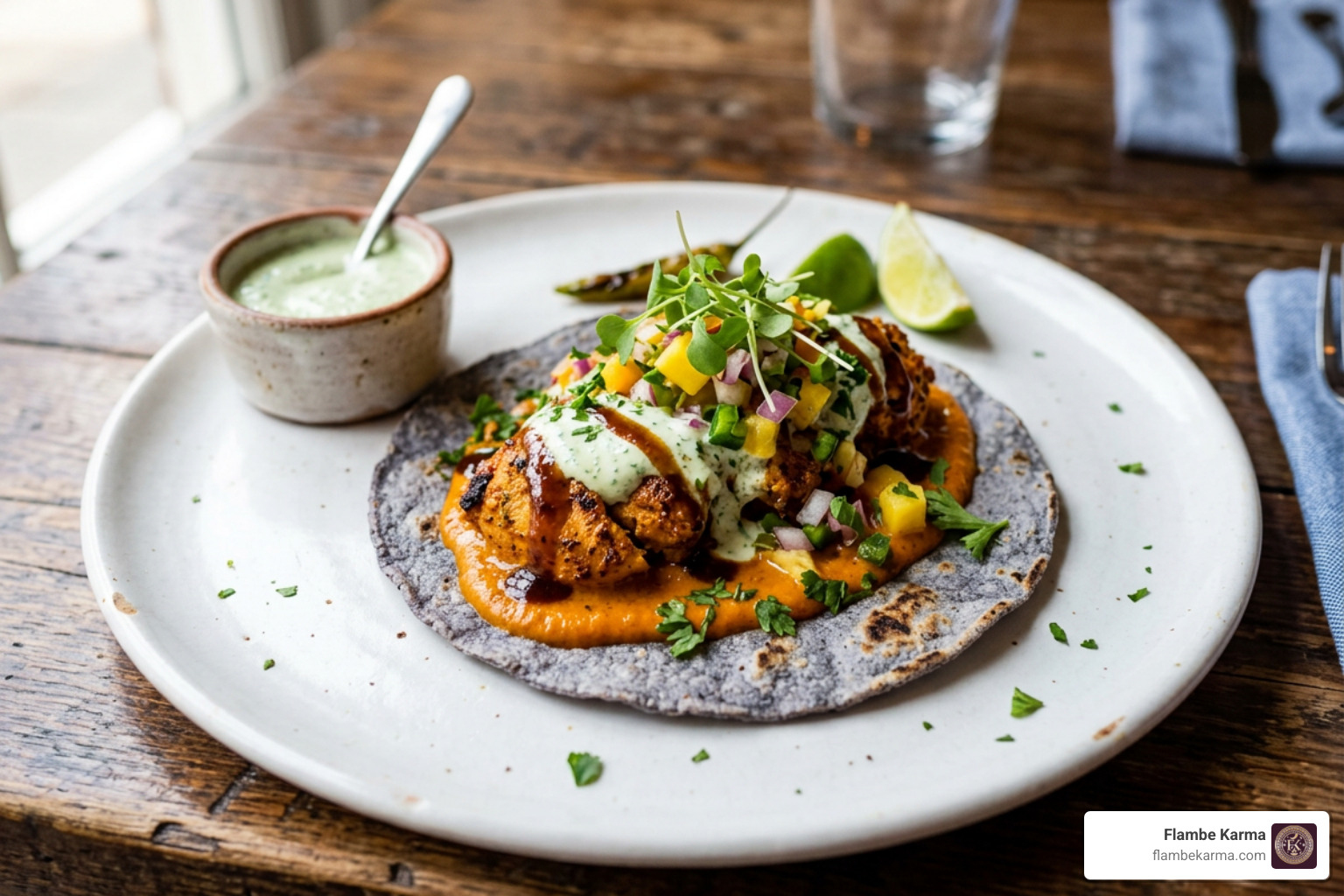 A beautifully plated Indian-Mexican fusion dish featuring vibrant sauces and fresh herbs A beautifully plated Indian-Mexican fusion dish featuring vibrant sauces and fresh herbs