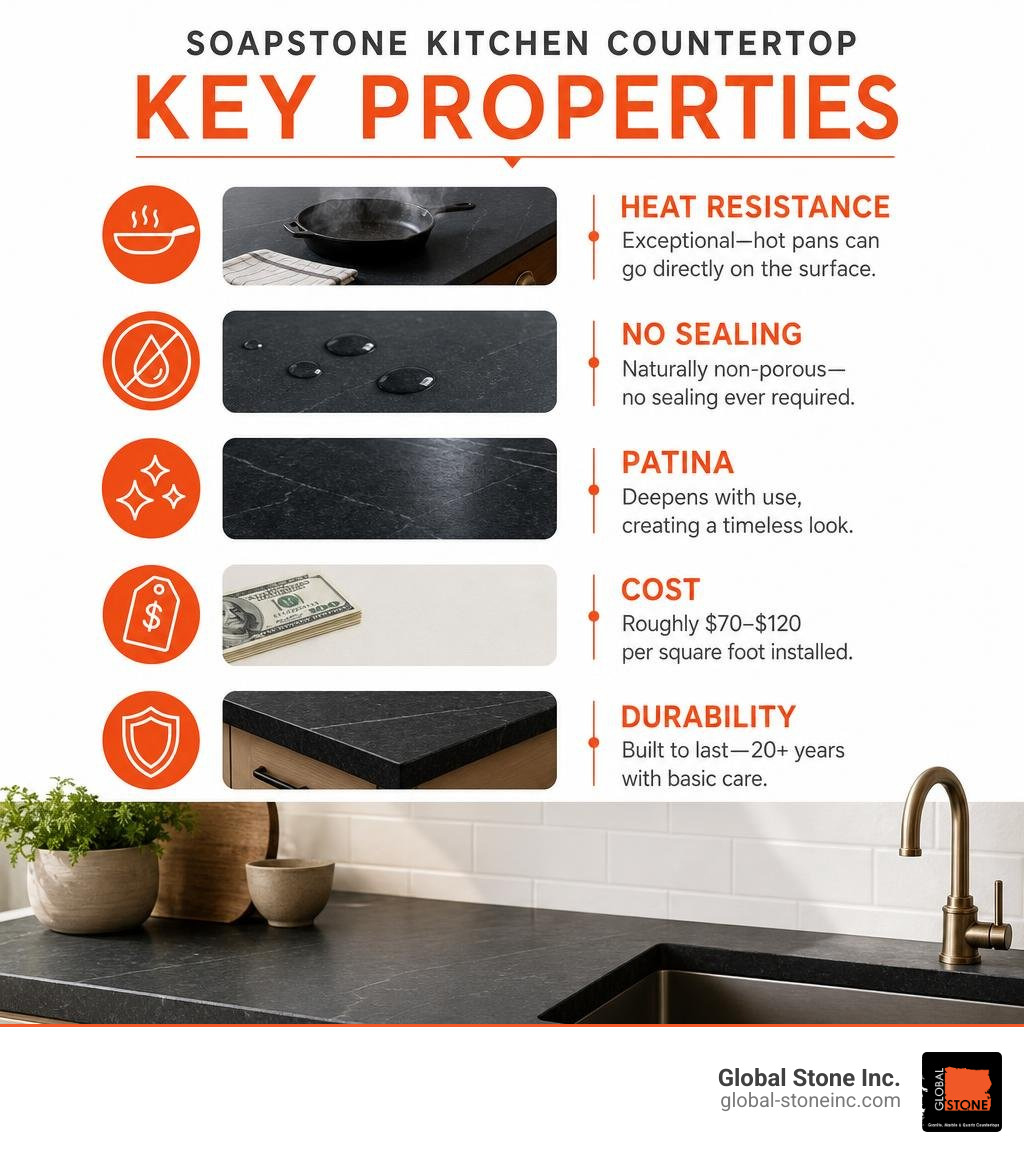 Soapstone kitchen countertop key properties: heat resistance, no sealing, patina, cost, durability infographic