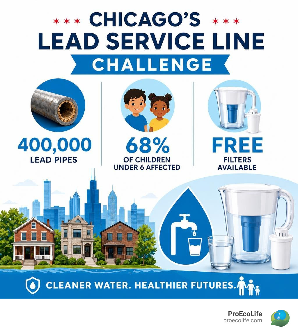 Chicago lead service line challenge: 400,000 lead pipes, 68% of children under 6 affected, city filter program available infographic Chicago lead service line challenge: 400,000 lead pipes, 68% of children under 6 affected, city filter program available infographic