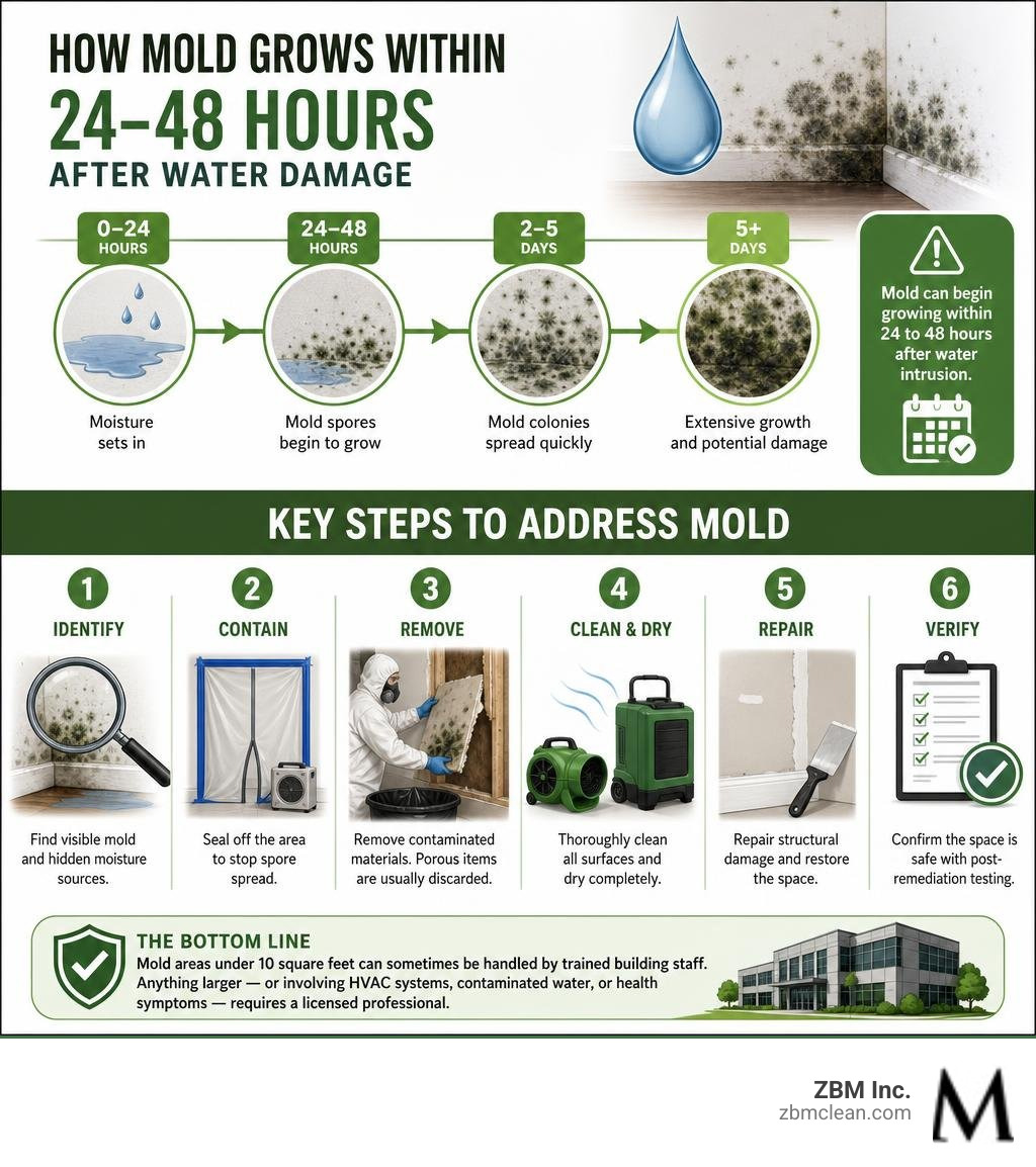 How mold grows within 24-48 hours after water damage and key steps to address it infographic How mold grows within 24-48 hours after water damage and key steps to address it infographic