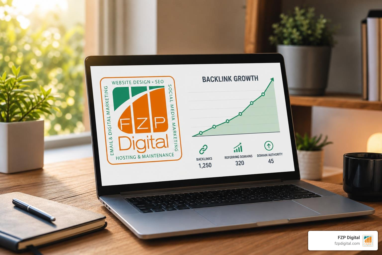 Link building for small businesses - FZP Digital logo on laptop with growing backlink graph Link building for small businesses - FZP Digital logo on laptop with growing backlink graph