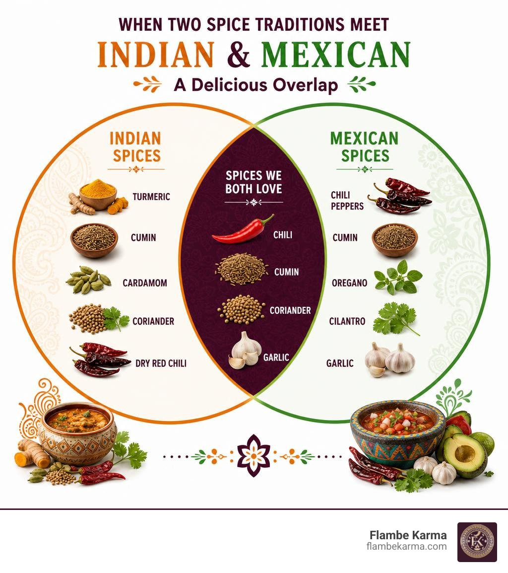 Infographic showing the spice overlap between Indian and Mexican cuisine traditions infographic Infographic showing the spice overlap between Indian and Mexican cuisine traditions infographic