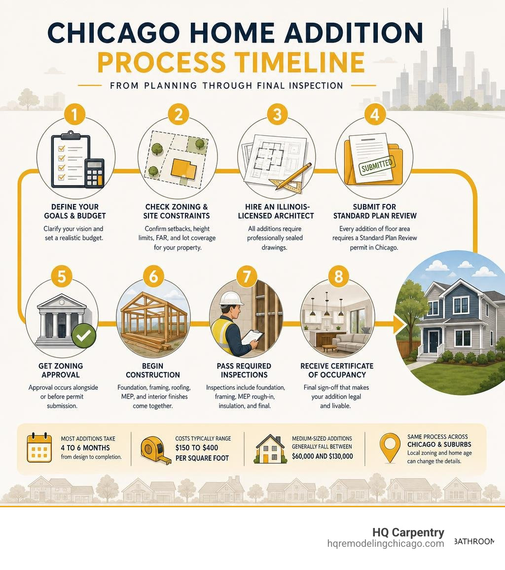 Chicago home addition process timeline from planning through final inspection infographic