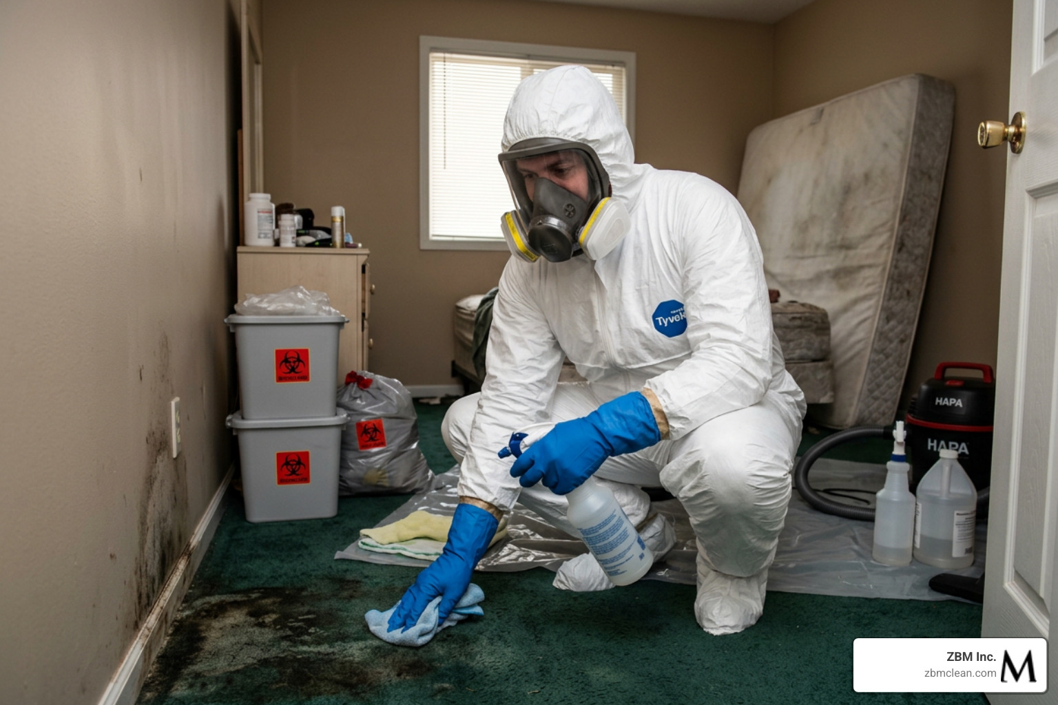 biohazard remediation technician meticulously cleaning a contaminated room biohazard remediation technician meticulously cleaning a contaminated room