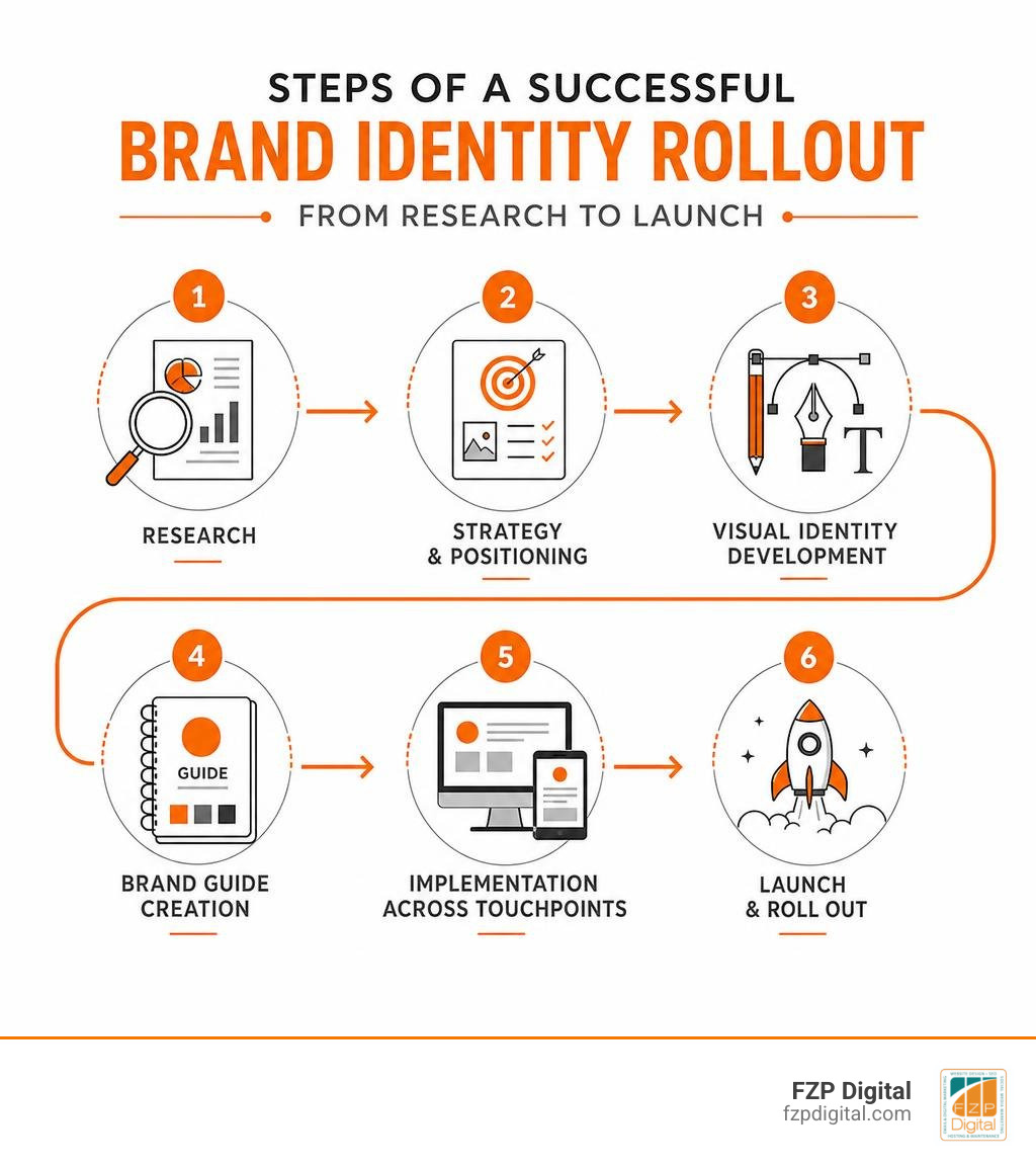 Steps of a successful brand identity rollout from research to launch infographic Steps of a successful brand identity rollout from research to launch infographic