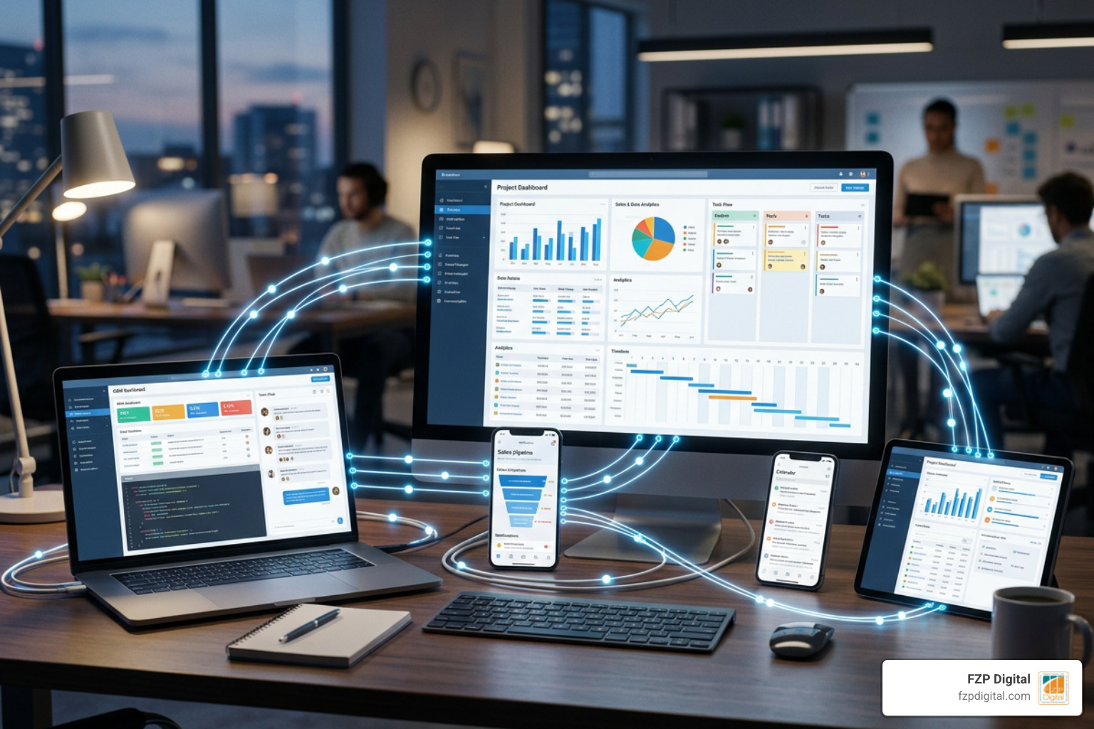 Data flowing between different software applications showing seamless CRM integration Data flowing between different software applications showing seamless CRM integration