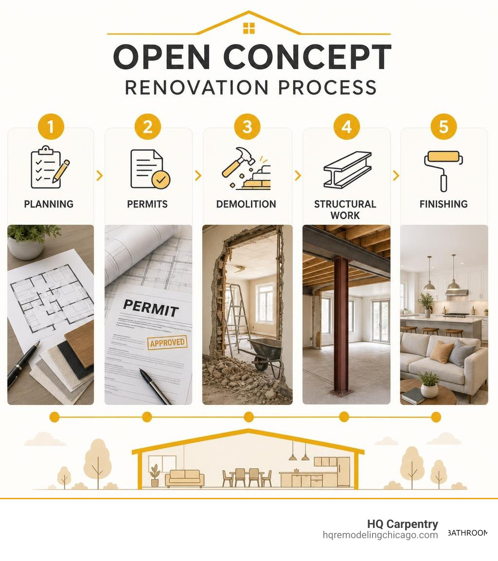 Open concept renovation process: planning, permits, demolition, structural work, finishing infographic