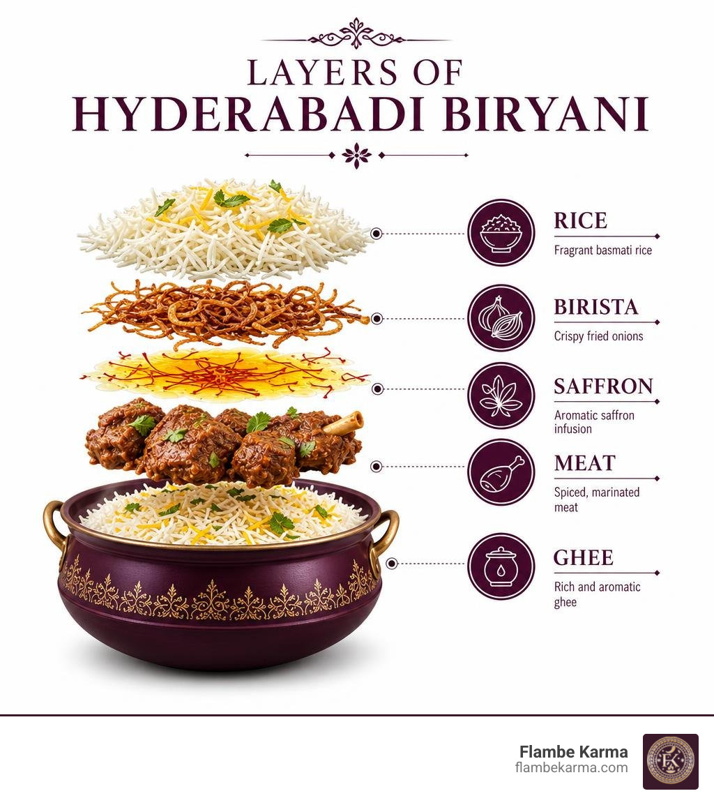 Layers of Hyderabadi biryani infographic showing rice, meat, saffron, birista, and ghee infographic Layers of Hyderabadi biryani infographic showing rice, meat, saffron, birista, and ghee infographic