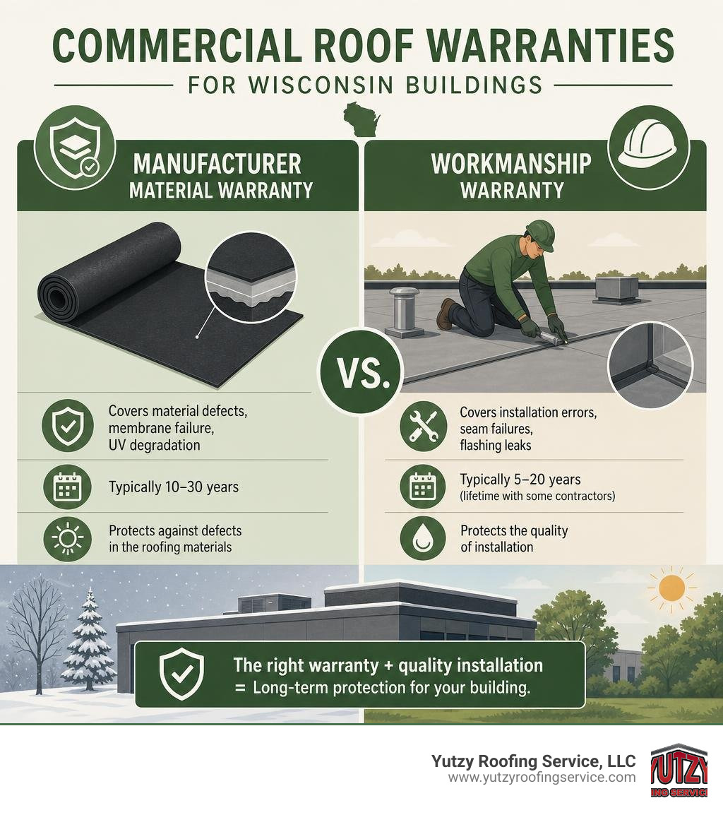 Infographic comparing manufacturer material warranty vs workmanship warranty for Wisconsin commercial roofs infographic Infographic comparing manufacturer material warranty vs workmanship warranty for Wisconsin commercial roofs infographic