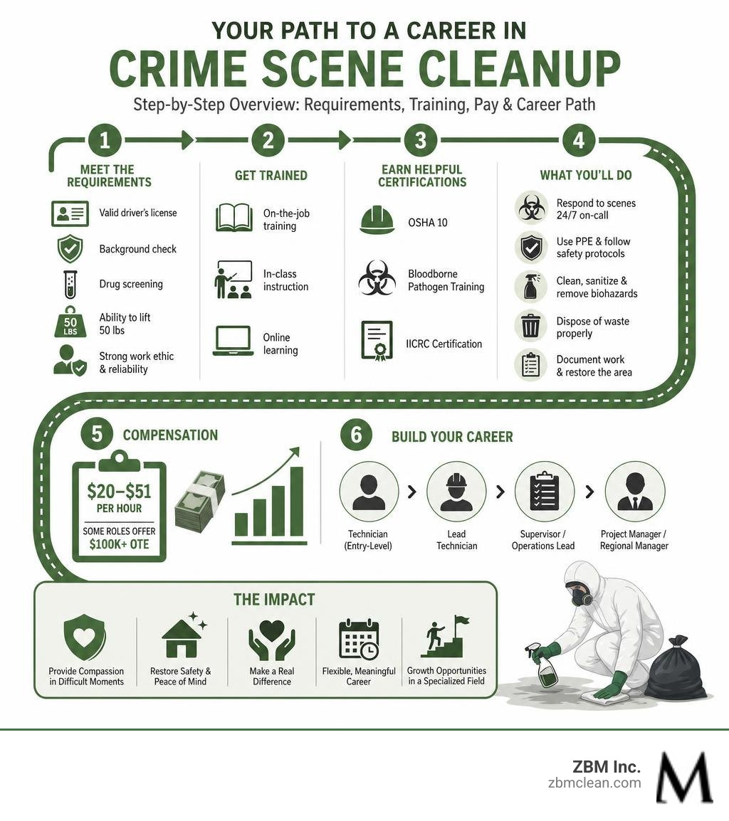 Step-by-step overview of crime scene cleanup jobs: requirements, training, pay, and career path infographic Step-by-step overview of crime scene cleanup jobs: requirements, training, pay, and career path infographic