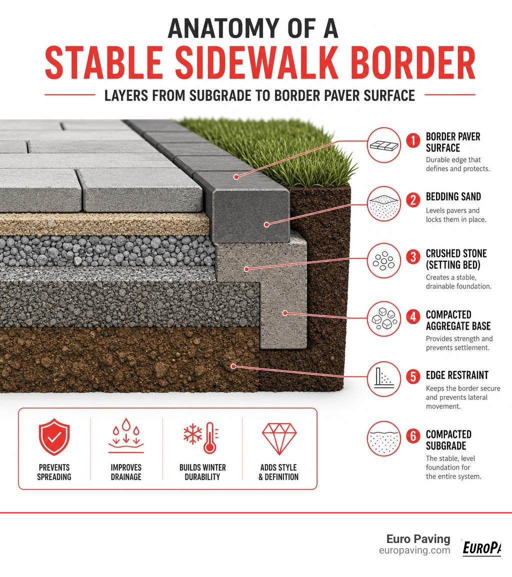 Anatomy of a stable sidewalk border: layers from subgrade to border paver surface infographic