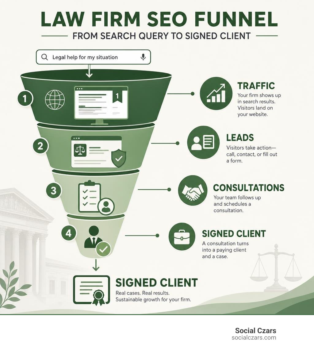 Law firm SEO funnel from search query to signed client, showing traffic, leads, and conversion stages infographic