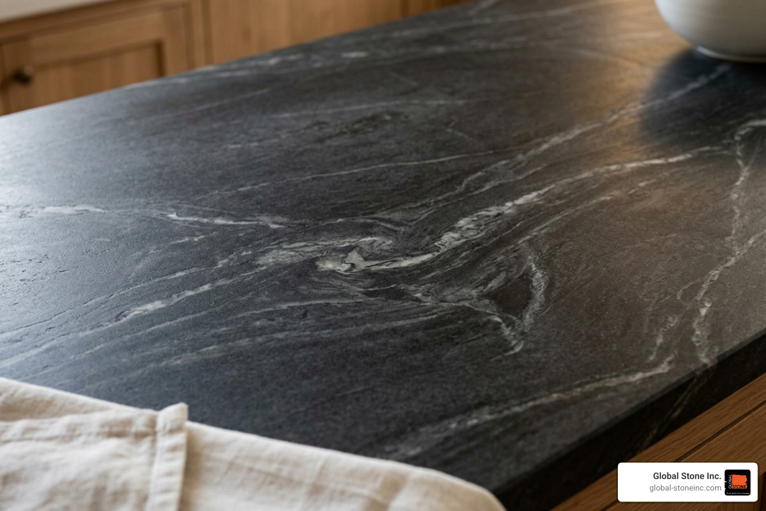 An oiled soapstone countertop showing rich veins and dark tones