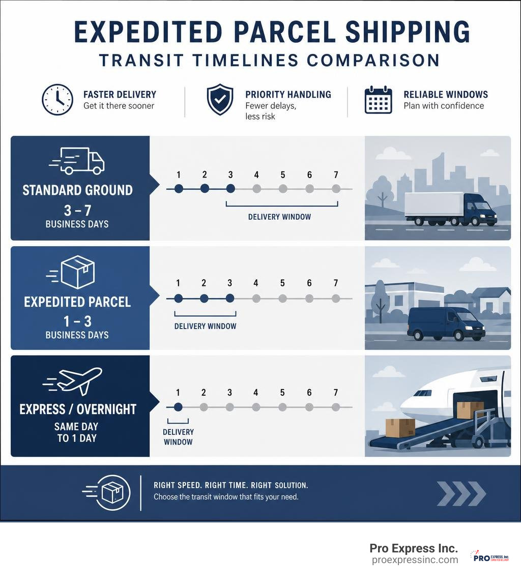 Expedited parcel shipping transit timelines comparing standard, expedited, and express delivery windows infographic Expedited parcel shipping transit timelines comparing standard, expedited, and express delivery windows infographic