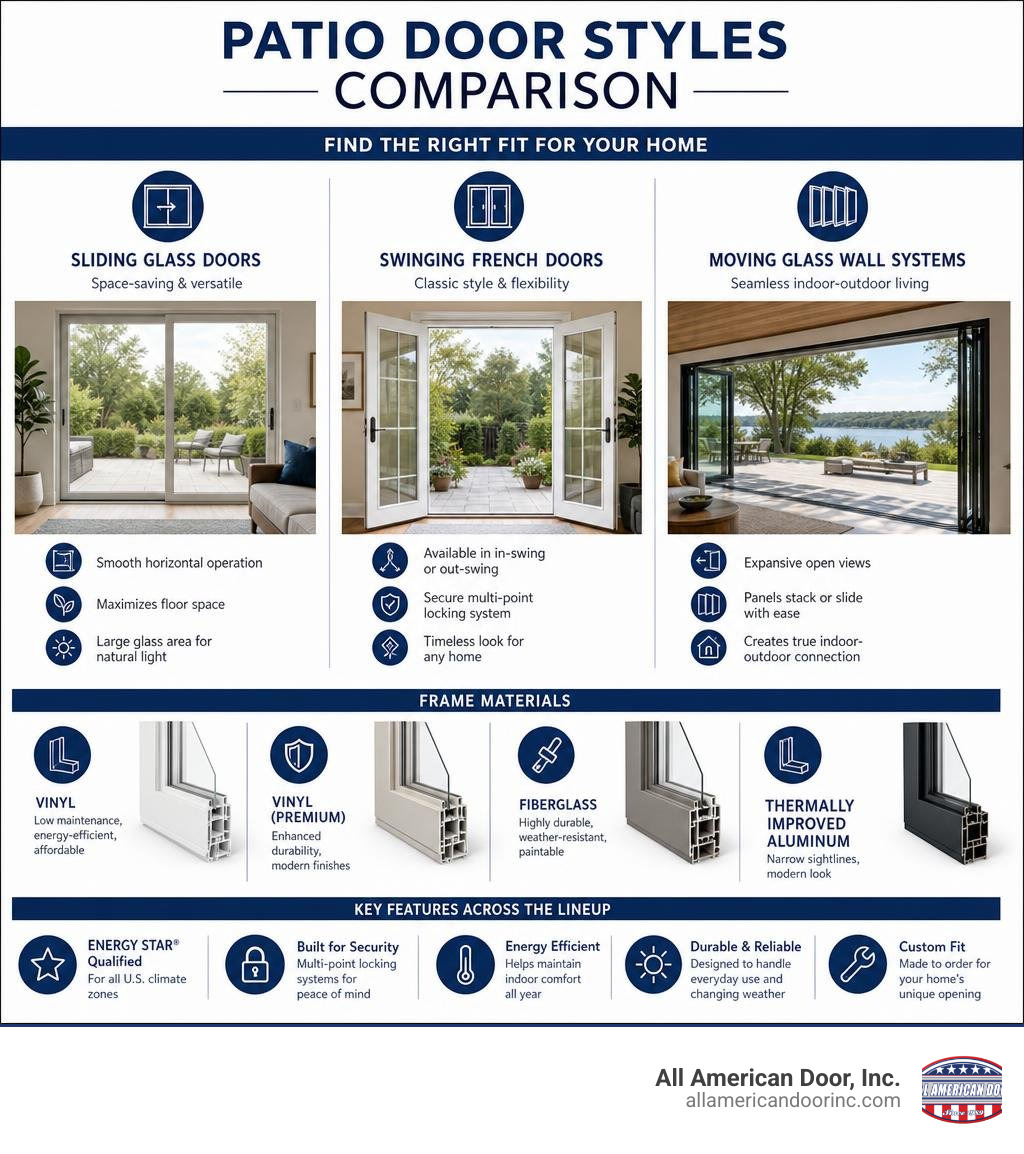 Milgard patio door styles comparison: sliding, swinging French, and moving glass wall systems with materials and key Milgard patio door styles comparison: sliding, swinging French, and moving glass wall systems with materials and key