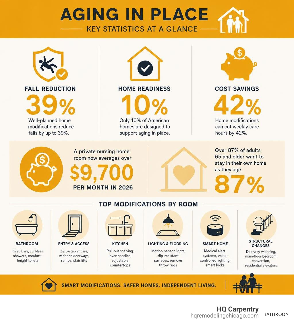 Key aging in place statistics: fall reduction, home readiness, cost savings, and top modifications by room infographic