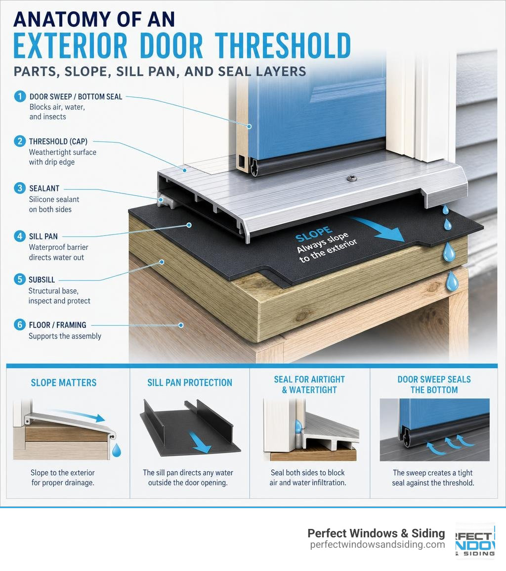 Anatomy of an exterior door threshold: parts, slope, sill pan, and seal layers infographic Anatomy of an exterior door threshold: parts, slope, sill pan, and seal layers infographic
